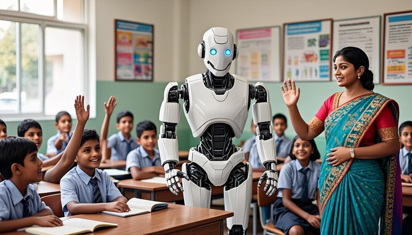 IRIS humanoid robot teaching Indian students in a classroom